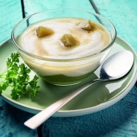 Aile de raie, jus de citron et câpres gélifiés, purée de haricots verts aux algues marines ( Texture modifiée )