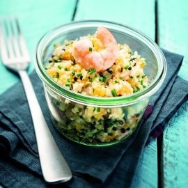 Caviar de céleri, oeufs de lump et crevettes aux agrumes