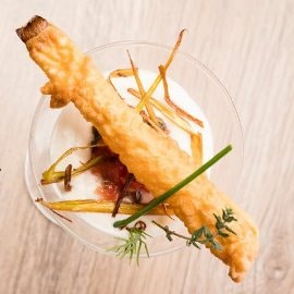 Mousseline de blanc de poireaux et son tempura de poireaux