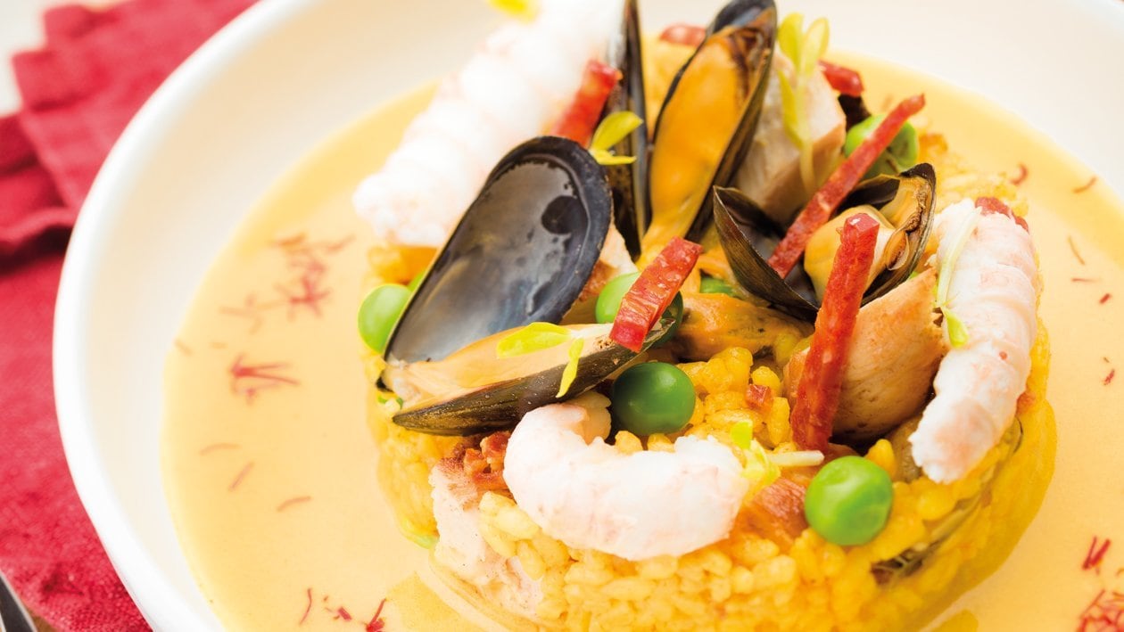Volaille et chorizo façon Paëlla, bouillon safrané – - Recette