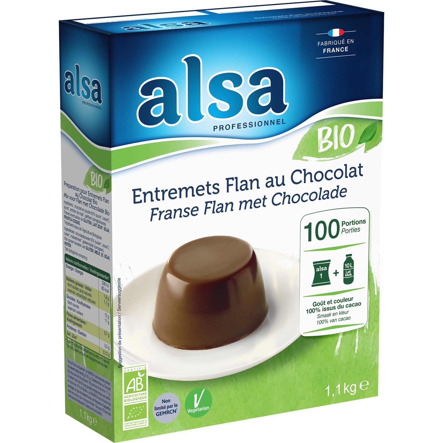 Alsa Entremets Flan au Chocolat Bio 1.1Kg 100 portions - L’entremets Flan au Chocolat Bio alsa me permet de réaliser facilement de savoureux desserts bio
