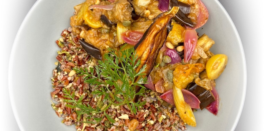 Comme une caponata, riz sauvage et confit d'aubergine – - Recette