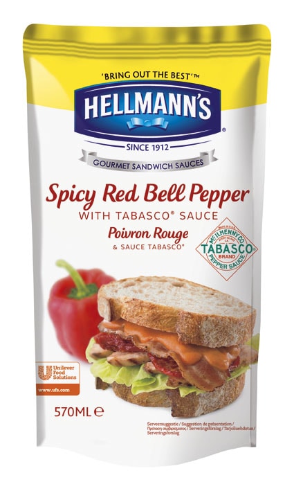 Hellmann's Sauce Sandwich et Burger Poivron Rouge & Tabasco® 570ml - Nos sauces sont faites avec des ingrédients naturels tels du poivron rouge et du Tabasco®