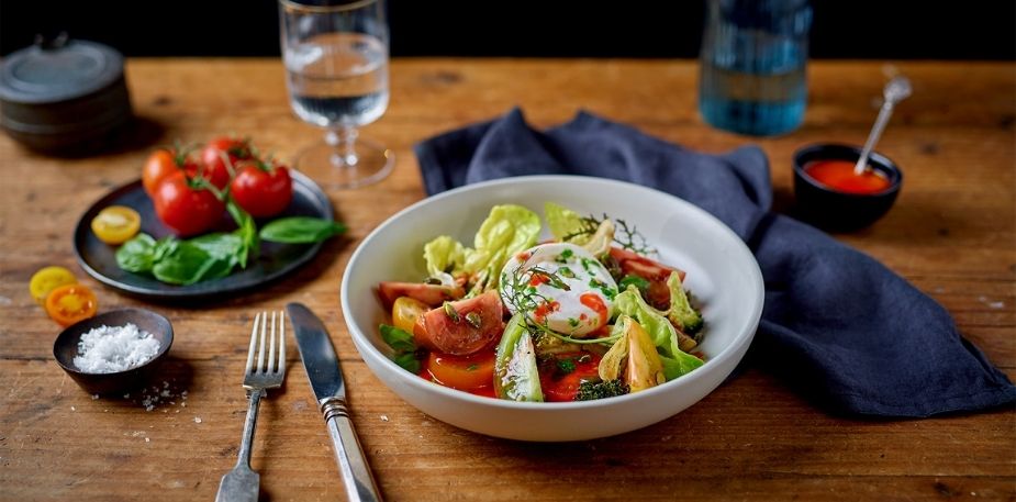 Salade de Tomates Anciennes, Burrata et Brocolis Raab Rôtis – - Recette