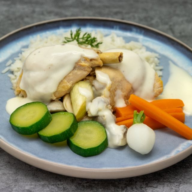 Poule au riz sauce suprême